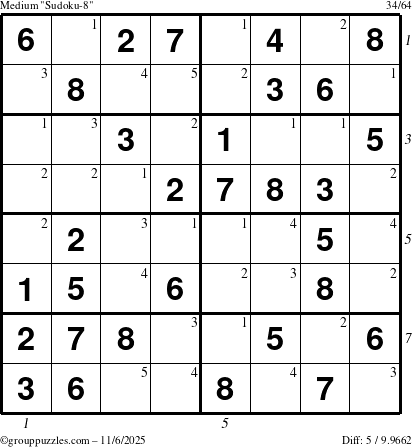 The grouppuzzles.com Medium Sudoku-8 puzzle for Thursday November 6, 2025 with all 5 steps marked