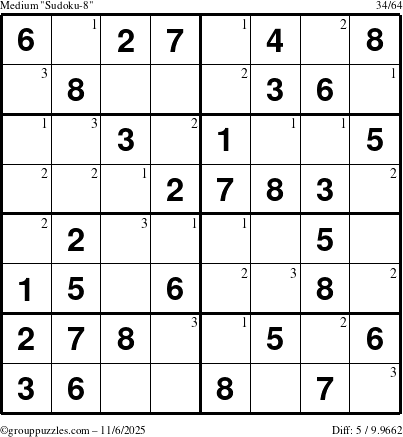 The grouppuzzles.com Medium Sudoku-8 puzzle for Thursday November 6, 2025 with the first 3 steps marked