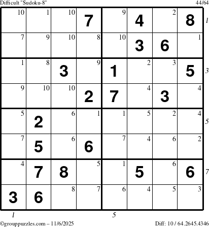 The grouppuzzles.com Difficult Sudoku-8 puzzle for Thursday November 6, 2025, suitable for printing, with all 10 steps marked