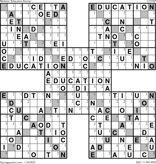 The grouppuzzles.com Medium Education-Xtreme puzzle for Thursday November 6, 2025 with the first 3 steps marked