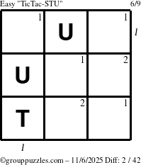 The grouppuzzles.com Easy TicTac-STU puzzle for Thursday November 6, 2025, suitable for printing, with all 2 steps marked