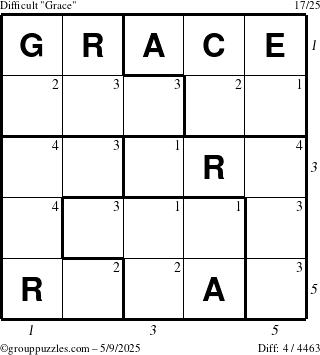 The grouppuzzles.com Difficult Grace puzzle for Friday May 9, 2025 with all 4 steps marked