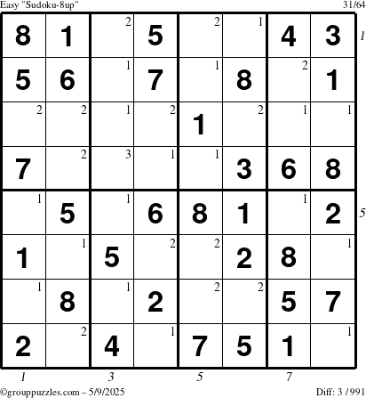 The grouppuzzles.com Easy Sudoku-8up puzzle for Friday May 9, 2025 with all 3 steps marked