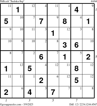 The grouppuzzles.com Difficult Sudoku-8up puzzle for Friday May 9, 2025, suitable for printing, with all 12 steps marked