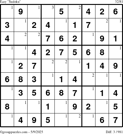 The grouppuzzles.com Easy Sudoku puzzle for Friday May 9, 2025 with the first 3 steps marked