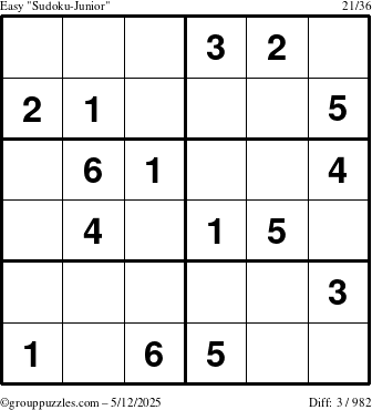 The grouppuzzles.com Easy Sudoku-Junior puzzle for Monday May 12, 2025