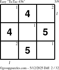 The grouppuzzles.com Easy TicTac-456 puzzle for Monday May 12, 2025 with all 2 steps marked