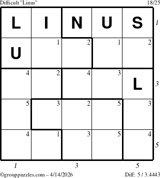 The grouppuzzles.com Difficult Linus puzzle for Tuesday April 14, 2026, suitable for printing, with all 5 steps marked