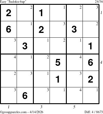 The grouppuzzles.com Easy Sudoku-6up puzzle for Tuesday April 14, 2026 with all 4 steps marked