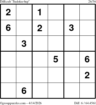 The grouppuzzles.com Difficult Sudoku-6up puzzle for Tuesday April 14, 2026