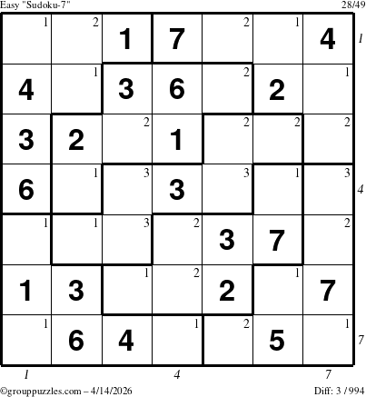 The grouppuzzles.com Easy Sudoku-7 puzzle for Tuesday April 14, 2026 with all 3 steps marked