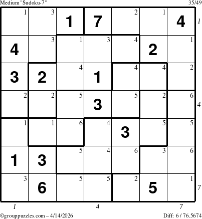The grouppuzzles.com Medium Sudoku-7 puzzle for Tuesday April 14, 2026 with all 6 steps marked