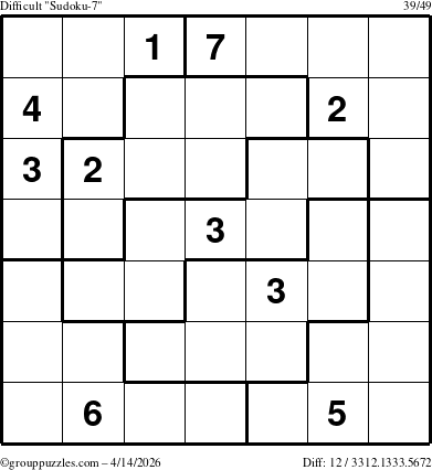 The grouppuzzles.com Difficult Sudoku-7 puzzle for Tuesday April 14, 2026