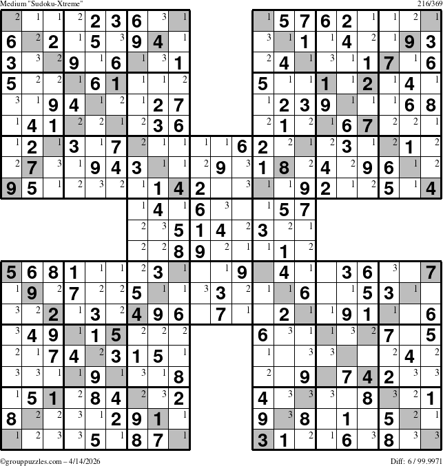 The grouppuzzles.com Medium Sudoku-Xtreme puzzle for Tuesday April 14, 2026 with the first 3 steps marked