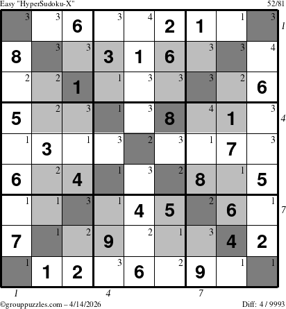 The grouppuzzles.com Easy HyperSudoku-X puzzle for Tuesday April 14, 2026, suitable for printing, with all 4 steps marked