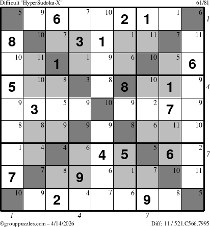The grouppuzzles.com Difficult HyperSudoku-X puzzle for Tuesday April 14, 2026 with all 11 steps marked