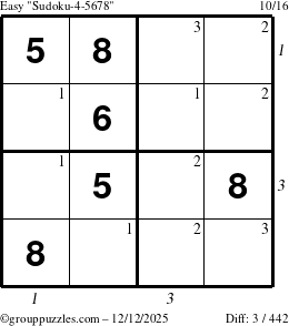 The grouppuzzles.com Easy Sudoku-4-5678 puzzle for Friday December 12, 2025, suitable for printing, with all 3 steps marked