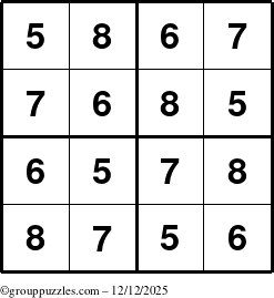The grouppuzzles.com Answer grid for the Sudoku-4-5678 puzzle for Friday December 12, 2025