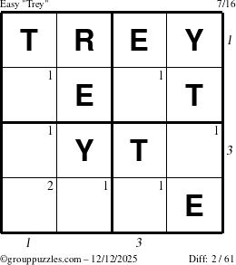 The grouppuzzles.com Easy Trey puzzle for Friday December 12, 2025 with all 2 steps marked
