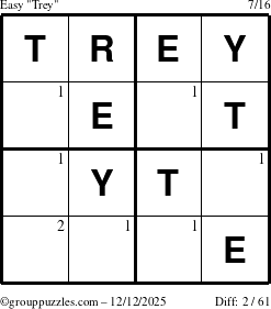 The grouppuzzles.com Easy Trey puzzle for Friday December 12, 2025 with the first 2 steps marked