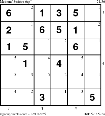 The grouppuzzles.com Medium Sudoku-6up puzzle for Friday December 12, 2025 with all 5 steps marked