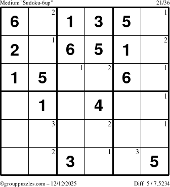The grouppuzzles.com Medium Sudoku-6up puzzle for Friday December 12, 2025 with the first 3 steps marked