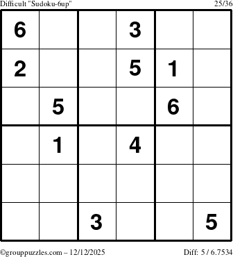 The grouppuzzles.com Difficult Sudoku-6up puzzle for Friday December 12, 2025