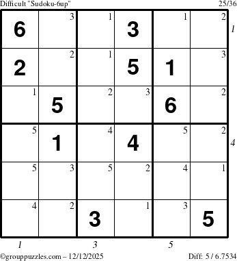 The grouppuzzles.com Difficult Sudoku-6up puzzle for Friday December 12, 2025 with all 5 steps marked