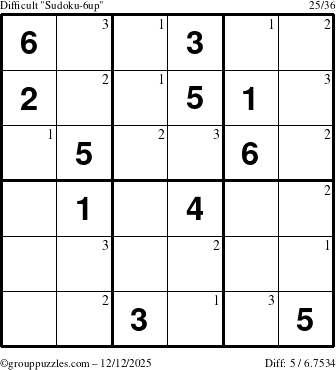 The grouppuzzles.com Difficult Sudoku-6up puzzle for Friday December 12, 2025 with the first 3 steps marked