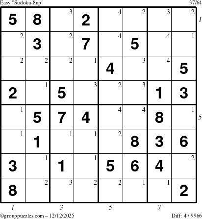 The grouppuzzles.com Easy Sudoku-8up puzzle for Friday December 12, 2025 with all 4 steps marked