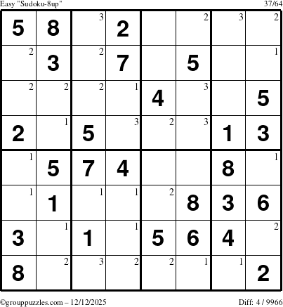 The grouppuzzles.com Easy Sudoku-8up puzzle for Friday December 12, 2025 with the first 3 steps marked