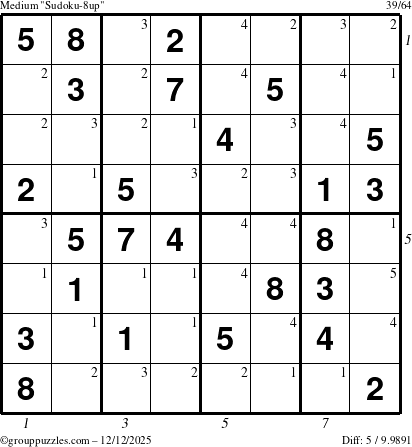 The grouppuzzles.com Medium Sudoku-8up puzzle for Friday December 12, 2025, suitable for printing, with all 5 steps marked