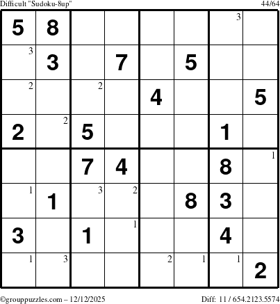 The grouppuzzles.com Difficult Sudoku-8up puzzle for Friday December 12, 2025 with the first 3 steps marked