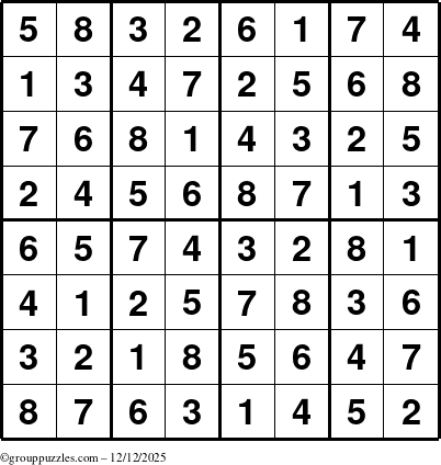 The grouppuzzles.com Answer grid for the Sudoku-8up puzzle for Friday December 12, 2025