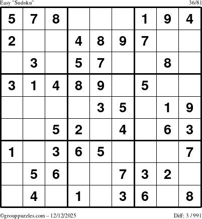 The grouppuzzles.com Easy Sudoku puzzle for Friday December 12, 2025