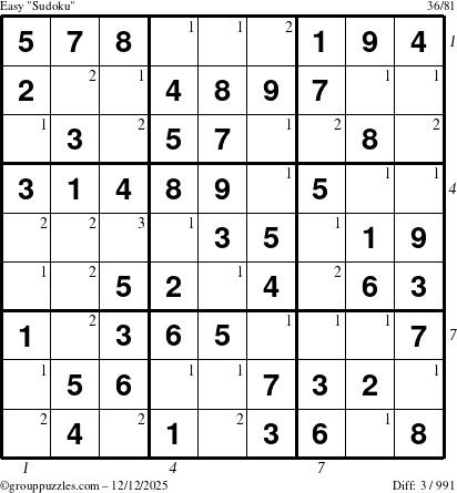 The grouppuzzles.com Easy Sudoku puzzle for Friday December 12, 2025 with all 3 steps marked