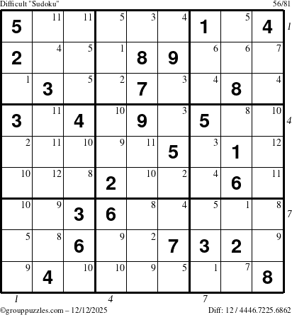 The grouppuzzles.com Difficult Sudoku puzzle for Friday December 12, 2025 with all 12 steps marked