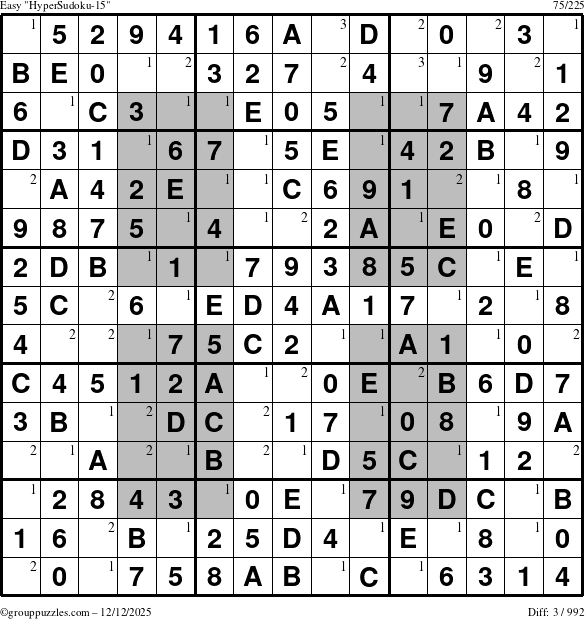 The grouppuzzles.com Easy HyperSudoku-15 puzzle for Friday December 12, 2025 with the first 3 steps marked