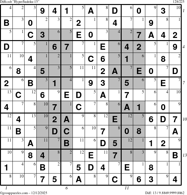 The grouppuzzles.com Difficult HyperSudoku-15 puzzle for Friday December 12, 2025 with all 13 steps marked