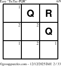 The grouppuzzles.com Easy TicTac-PQR puzzle for Friday December 12, 2025 with the first 2 steps marked