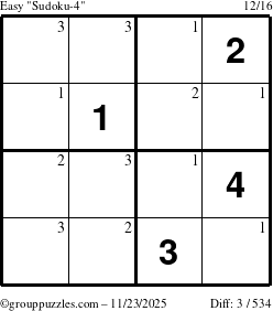 The grouppuzzles.com Easy Sudoku-4 puzzle for Sunday November 23, 2025 with the first 3 steps marked