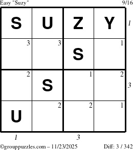 The grouppuzzles.com Easy Suzy puzzle for Sunday November 23, 2025, suitable for printing, with all 3 steps marked