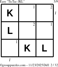 The grouppuzzles.com Easy TicTac-JKL puzzle for Sunday November 23, 2025 with all 2 steps marked