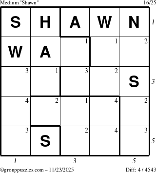 The grouppuzzles.com Medium Shawn puzzle for Sunday November 23, 2025 with all 4 steps marked