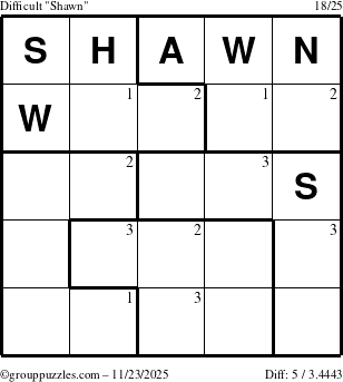The grouppuzzles.com Difficult Shawn puzzle for Sunday November 23, 2025 with the first 3 steps marked
