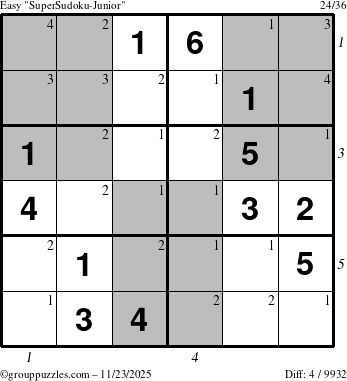 The grouppuzzles.com Easy SuperSudoku-Junior puzzle for Sunday November 23, 2025, suitable for printing, with all 4 steps marked