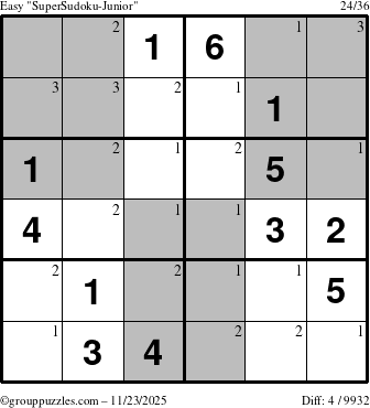 The grouppuzzles.com Easy SuperSudoku-Junior puzzle for Sunday November 23, 2025 with the first 3 steps marked