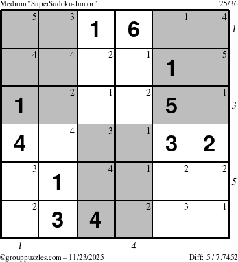 The grouppuzzles.com Medium SuperSudoku-Junior puzzle for Sunday November 23, 2025 with all 5 steps marked