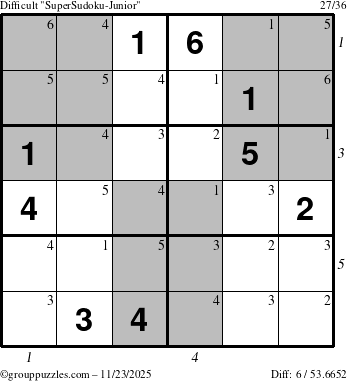 The grouppuzzles.com Difficult SuperSudoku-Junior puzzle for Sunday November 23, 2025 with all 6 steps marked