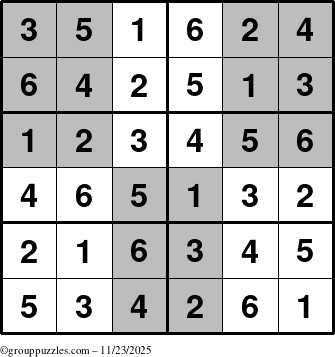 The grouppuzzles.com Answer grid for the SuperSudoku-Junior puzzle for Sunday November 23, 2025
